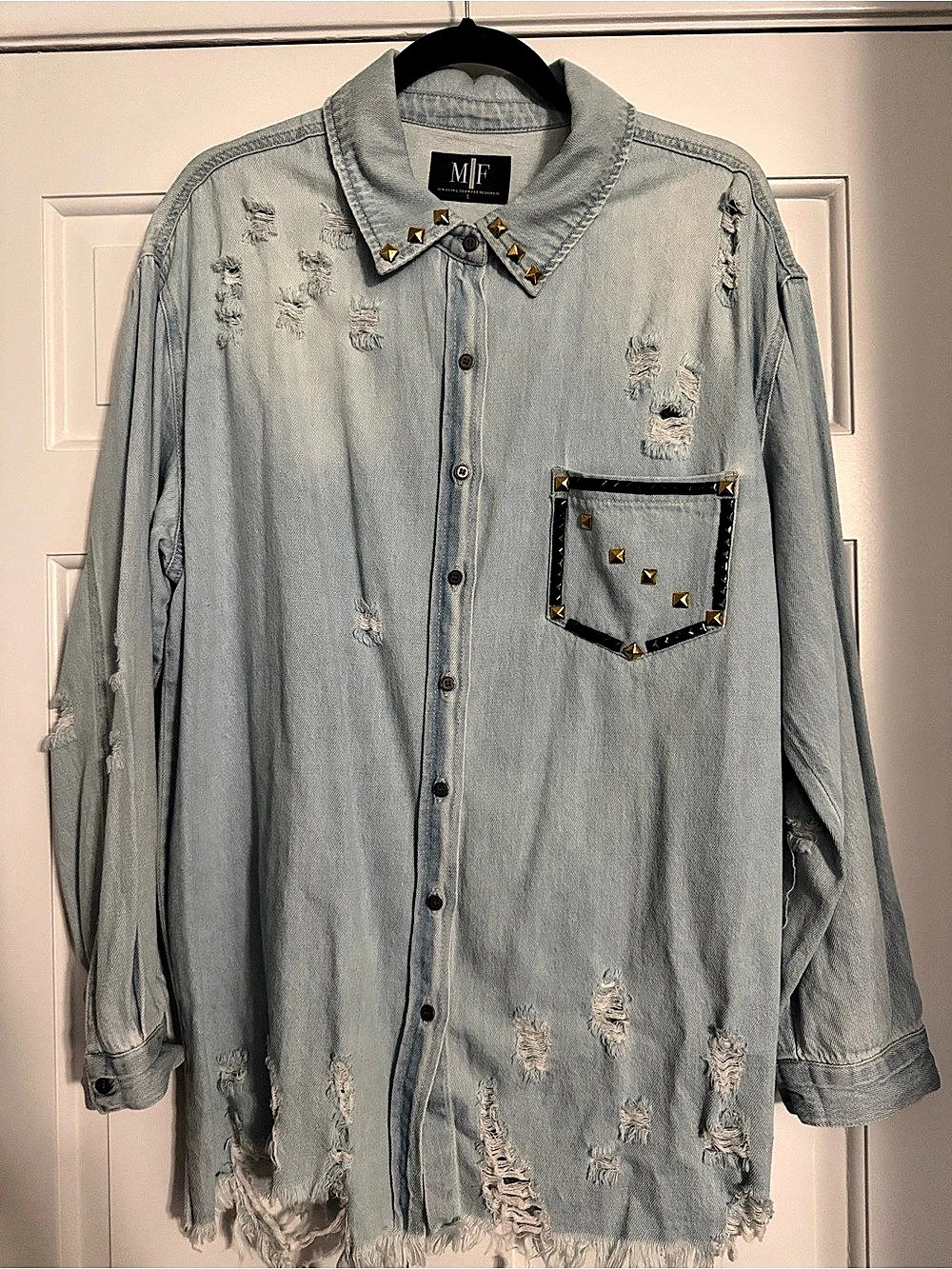 MF Distressed Studded Denim Button Down in Blue
